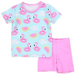Aquarti Baby Mädchen Zweiteiler Kinder Badeanzug Bade-Set Bade T-Shirt Badehose UV-Schutz, Farbe: Flamingos Hellgrün/Rosa, Größe: 104 von Aquarti