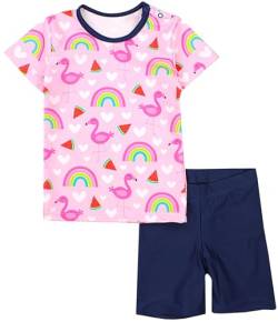 Aquarti Baby Mädchen Zweiteiler Kinder Badeanzug Bade-Set Bade T-Shirt Badehose UV-Schutz, Farbe: Flamingos Rose Pink Dunkelblau, Größe: 122 von Aquarti