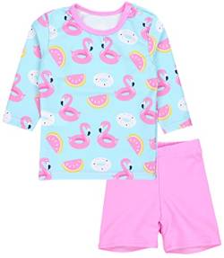 Aquarti Baby Mädchen Zweiteiler Kinder Badeanzug Bade-Set Bade T-Shirt Badehose UV-Schutz, Farbe: Langarm/Flamingos Hellgrün/Rosa, Größe: 104 von Aquarti