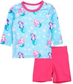 Aquarti Baby Mädchen Zweiteiler Kinder Badeanzug Bade-Set Bade T-Shirt Badehose UV-Schutz, Farbe: Langarm/Meerjungfrau Muscheln Türkisblau/Pink, Größe: 86 von Aquarti