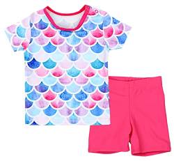 Aquarti Baby Mädchen Zweiteiler Kinder Badeanzug Bade-Set Bade T-Shirt Badehose UV-Schutz, Farbe: Meerjungfrau Rosa/Himbeerrot, Größe: 116 von Aquarti