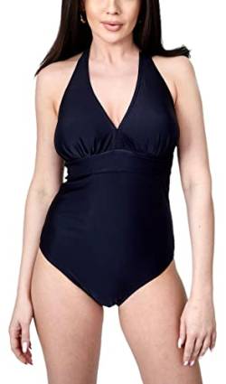 Aquarti Damen Badeanzug Bauchweg Einteiler Sport Swimsuit Bademode Neckholder V-Ausschnitt, Farbe: Modell D3 Schwarz, Größe: 36 von Aquarti