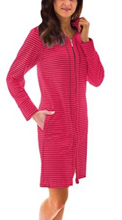 Aquarti Damen Bademantel Morgenmantel mit Reißverschluss Streifen Kurz Baumwolle, Farbe: Streifenmuster Himbeere, Größe: XL von Aquarti