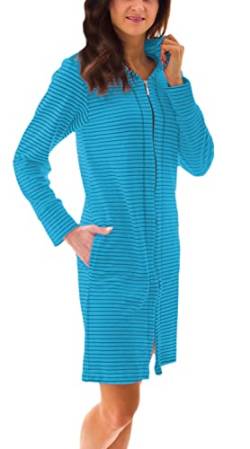 Aquarti Damen Bademantel Morgenmantel mit Reißverschluss Streifen Kurz Baumwolle, Farbe: Streifenmuster Türkis, Größe: M von Aquarti