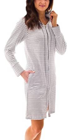 Aquarti Damen Bademantel Morgenmantel mit Reißverschluss Streifen Kurz Baumwolle, Farbe: Streifenmuster Weiß, Größe: XL von Aquarti