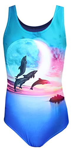 Aquarti Mädchen Badeanzug mit Ringerrücken Print, Farbe: Delfine Mond Rosa/Blau, Größe: 122 von Aquarti