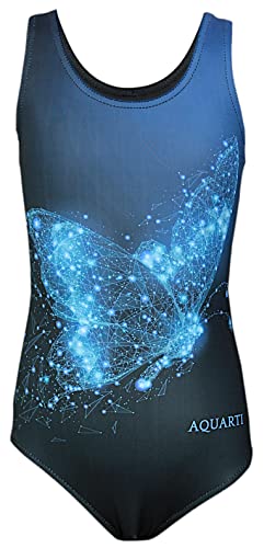 Aquarti Mädchen Badeanzug mit Ringerrücken Print, Farbe: Schmetterling Blau/Schwarz, Größe: 152 von Aquarti