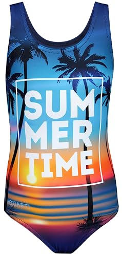 Aquarti Mädchen Badeanzug mit Ringerrücken Print, Farbe: Summer/Time/Dunkelblau/Orange/Lila, Größe: 170 von Aquarti