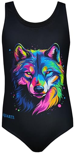 Aquarti Mädchen Badeanzug mit Ringerrücken Print, Farbe: Wolf/Schwarz, Größe: 146 von Aquarti