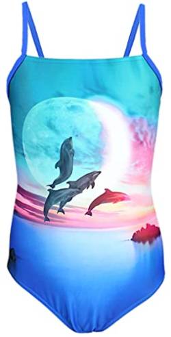 Aquarti Mädchen Badeanzug mit Spaghettiträgern Streifen, Farbe: Delfine Mond Rosa/Blau, Größe: 140 von Aquarti