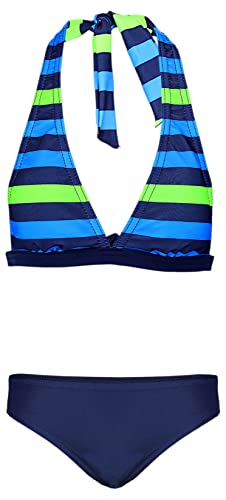 Aquarti Mädchen Bikini Set Bustier Bikinislip Zweiteiliger Badeanzug, Farbe: Streifen Blau/Grün/Dunkelblau, Größe: 146 von Aquarti