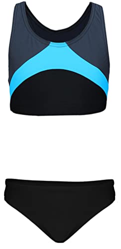 Aquarti Mädchen Sport Bikini Racerback Bustier & Bikinislip, Farbe: Schwarz/Graphit/Blau, Größe: 134 von Aquarti