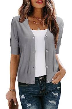 Arach&Cloz Bolero Strickjacke Damen Festlich Elegant Sommer Kurzarm Cardigan Leicht Knöpfe Bolerojacke Top für Kleid (Grey, L) von Arach&Cloz