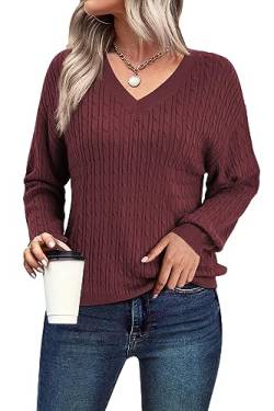 Arach&Cloz Pullover Damen Herbst Winter Pulli Strickpullover Weihnachtspullover Christmas Sweater V Ausschnitt Tops (Wein,XL) von Arach&Cloz