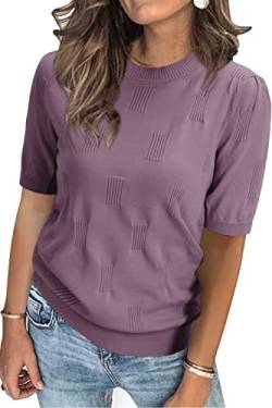 Arach&Cloz Pullover Damen Kurzarm Strickpullover Elegant Rundhals Frühling Sommer Sweatshirt Tops Oberteile Pulli (Grey Purple,S) von Arach&Cloz