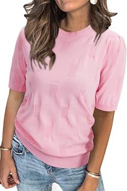 Arach&Cloz Pullover Damen Kurzarm Strickpullover Elegant Rundhals Frühling Sommer Sweatshirt Tops Oberteile Pulli (Pink,L) von Arach&Cloz