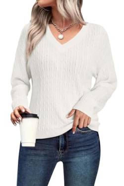 Arach&Cloz Pullover Damen Langarm Strickpullover Herbst Winter V Ausschnitt Tops Casual Oberteile Sweater Pulli (Off White,XXL) von Arach&Cloz