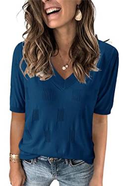 Arach&Cloz Pullover Damen V Ausschnitt Kurzarm Elegant Frühling Sommer Strickpullover Basic Oberteile Sweatshirt (Dark Blue, Large) von Arach&Cloz