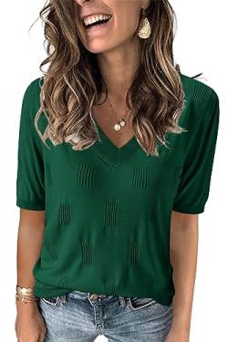Arach&Cloz Pullover Damen V Ausschnitt Kurzarm Elegant Frühling Sommer Strickpullover Basic Oberteile Sweatshirt (Green 02, Large) von Arach&Cloz