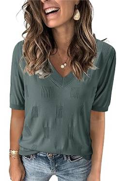 Arach&Cloz Pullover Damen V Ausschnitt Kurzarm Elegant Frühling Sommer Strickpullover Basic Oberteile Sweatshirt (Grey Green, X-Large) von Arach&Cloz