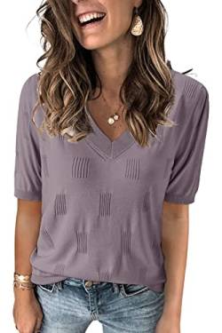 Arach&Cloz Pullover Damen V Ausschnitt Kurzarm Elegant Frühling Sommer Strickpullover Basic Oberteile Sweatshirt (Grey Purple, Medium) von Arach&Cloz