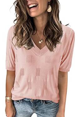 Arach&Cloz Pullover Damen V Ausschnitt Kurzarm Elegant Frühling Sommer Strickpullover Basic Oberteile Sweatshirt (Pink, X-Large) von Arach&Cloz
