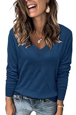 Arach&Cloz Pullover Damen V Ausschnitt Langarm Elegant Frühling Sommer Tops Strickpullover Basic Langarmshirt Blue von Arach&Cloz