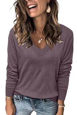 Arach&Cloz Pullover Damen V Ausschnitt Langarm Elegant Frühling Sommer Tops Strickpullover Basic Langarmshirt Grey Purple von Arach&Cloz