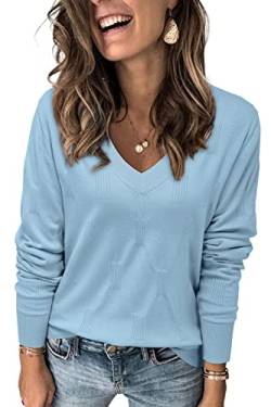 Arach&Cloz Pullover Damen V Ausschnitt Langarm Elegant Frühling Sommer Tops Strickpullover Basic Langarmshirt Light Blue von Arach&Cloz