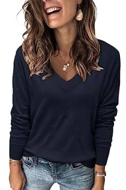 Arach&Cloz Pullover Damen V Ausschnitt Langarm Elegant Frühling Sommer Tops Strickpullover Basic Langarmshirt Navy von Arach&Cloz