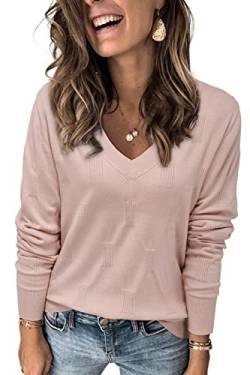 Arach&Cloz Pullover Damen V Ausschnitt Langarm Elegant Frühling Sommer Tops Strickpullover Basic Langarmshirt Pink von Arach&Cloz