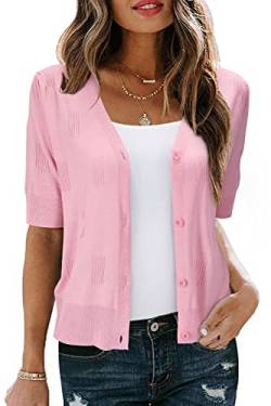 Arach&Cloz Strickjacke Damen Bolero Festlich Kurz Leichte Cardigan Kurzarm Strickmantel Casual Top Knöpfe für Kleid (Light Pink, S) von Arach&Cloz