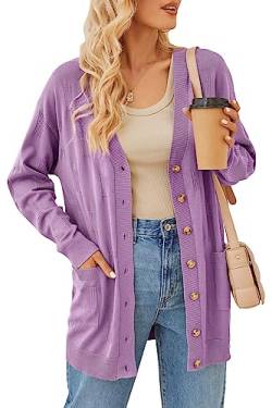 Arach&Cloz Strickjacke Damen Lang Cardigan Leichte Strickmantel Longstrickjacke Open Front Knöpfe mit Taschen (Grey Purple,M) von Arach&Cloz