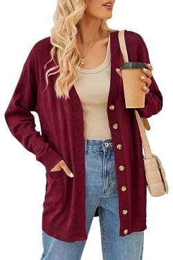 Arach&Cloz Strickjacke Damen Lang Cardigan Leichte Strickmantel Longstrickjacke Open Front Knöpfe mit Taschen (Wine,L) von Arach&Cloz