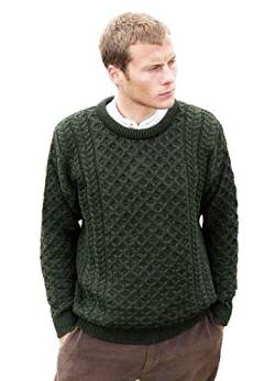 100% Merinowolle Aran Pullover mit rundem Ausschnitt, Green, XS von Aran Crafts