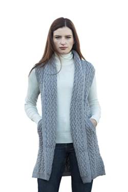 Aran Crafts Damen Irischer Fischgräten-Mantel, ärmellos, 100% Merinowolle, hergestellt in Irland, Soft Grey Mix, M von Aran Crafts