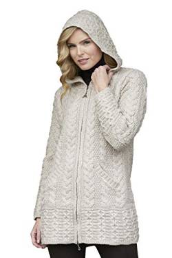 Aran Crafts Damen Irish Cable Knitted Hooded Zip Coat (100% Merinowolle), Pastinakind, M von Aran Crafts