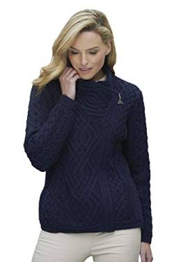 Aran Crafts Damen Strickjacke mit irischem Zopfmuster und seitlichem Reißverschluss (100% Merinowolle), Marineblau, Mittel von Aran Crafts