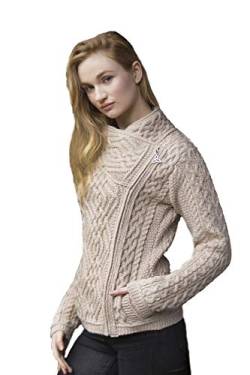 Aran Crafts Damen Strickjacke mit irischem Zopfmuster und seitlichem Reißverschluss (100% Merinowolle), Pastinakind, Groß von Aran Crafts