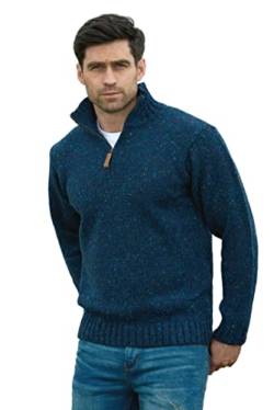 Aran Crafts Herren Irish Cable Knitted Half Zip Sweater (100% Donegal Wolle), Denim, Klein von Aran Crafts