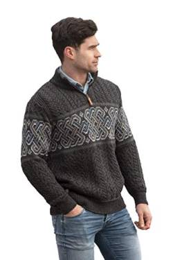 Aran Crafts Herren Irish Zopfstrick-Pullover mit halbem Reißverschluss, Jacquard (100% Merinowolle) - Schwarz - Groß von Aran Crafts