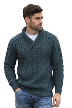 Aran Crafts Herren-Pullover mit Schalkragen, weich, irisch, Zopfmuster (100 % Merinowolle), Pfau, XL von Aran Crafts