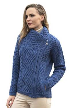 Aran Crafts Irische Damen-Strickjacke mit Zopfmuster und seitlichem Reißverschluss (100% Merinowolle), Blue Marl, Groß von Aran Crafts