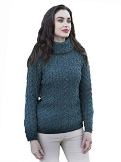 Aran Crafts Traditioneller irischer Damen-Pullover mit Wasserfallkragen (100 % Merinowolle), Pfau, Groß von Aran Crafts