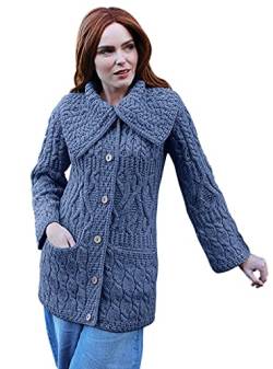 100% Merinowolle Aran Damen-Strickjacke aus Merinowolle mit DREI Mustern, in Weiß/Derby Braun/Armeegrün/Denim Braun (Denim Marl, Small) von Aran Woollen Mills