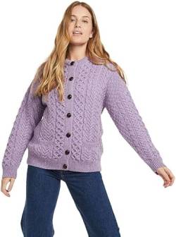 Aran Woollen Mills Irischer Cardigan Strickjacke Strickcardigan aus Merinowolle mit Fronttaschen und Knöpfen für Damen (Lila, XL) von Aran Woollen Mills