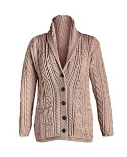 Aran Woollen Mills Irish Cardigan-Pullover für Damen aus 100% Merinowolle mit Knöpfen, Zopfmuster und Taschen (Weidengeflecht, groß) von Aran Woollen Mills