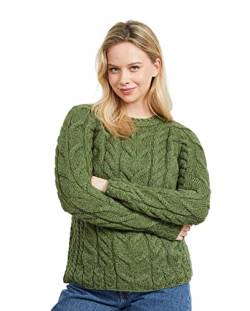 Aran Woollen Mills Ladies Irish Multi Cabled Raglan Super Soft Merino Wool Sweater (Meadow Green, M) von Aran Woollen Mills