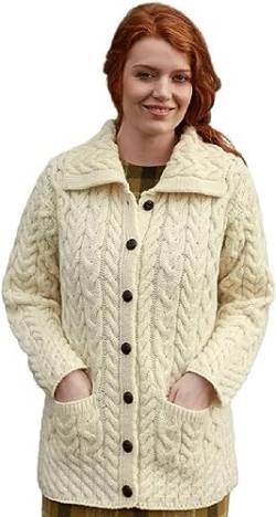 Aran Woollen Mills Lange Merinowolle Aran Knit Chunky Cardigan mit Kragen Umklappen für Damen (Natur, L) von Aran Woollen Mills