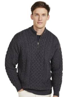 Aran Woollen Mills Merinowolle Irischer Aran Pullover mit Reißverschluss für Herren (Holzkohle, L) von Aran Woollen Mills